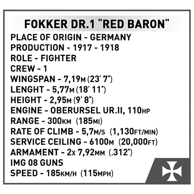 Конструктор COBI Перша Світова Війна Літак Fokker Dr. I Червоний барон, 174 деталей
